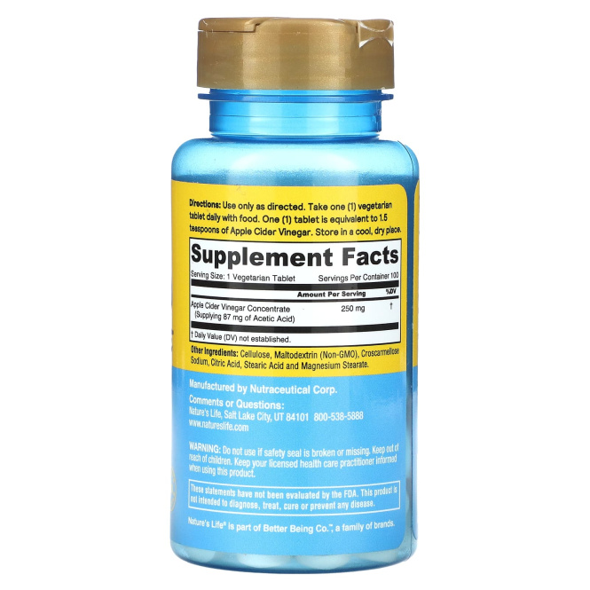 Nature's Life, Яблочный уксус, 250 мг, 100 таблеток