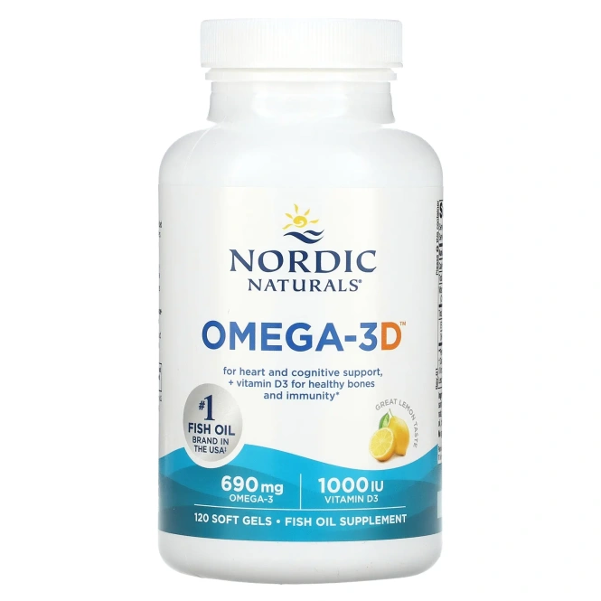 Nordic Naturals, Омега-3D, со вкусом лимона, 1000 мг, 120 желатиновых капсул
