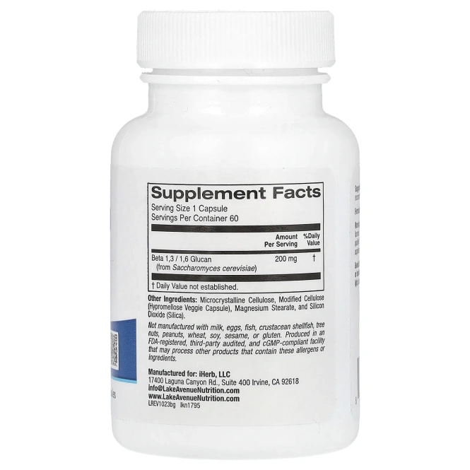 Lake Avenue Nutrition, бета-глюкан 1–3, 1–6, 200 мг, 60 растительных капсул
