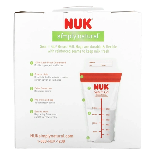 NUK, Seal 'n Go, пакеты для грудного молока, 100 стерильных пакетов для хранения, 6 унций (180 мл) каждый