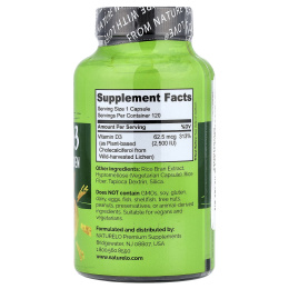 NATURELO, витамин D3, 62,5 мкг (2500 МЕ), 120 капсул, которые легко глотать