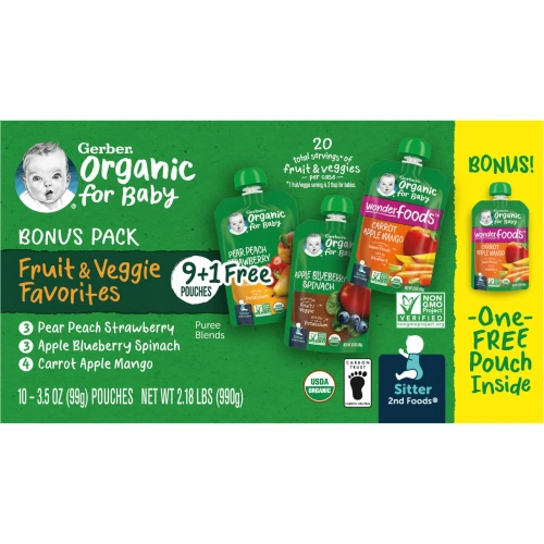 Gerber, Organic, экономичная упаковка, «Груша, персик и клубника», «Морковь, яблоко и манго», «Яблоко, черника и шпинат», 9 пакетиков, 99 г (3,5 унции) в каждом