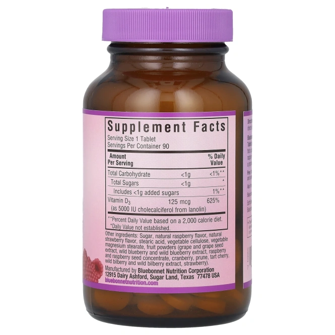 Bluebonnet Nutrition, Витамин D3, 5000 МЕ, 90 жевательных таблеток
