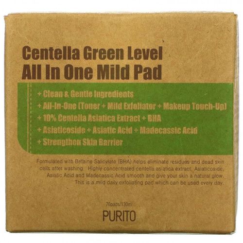 Purito, Центелла Green Level All In One Mild Pad, 70 подушечек, (130 мл)