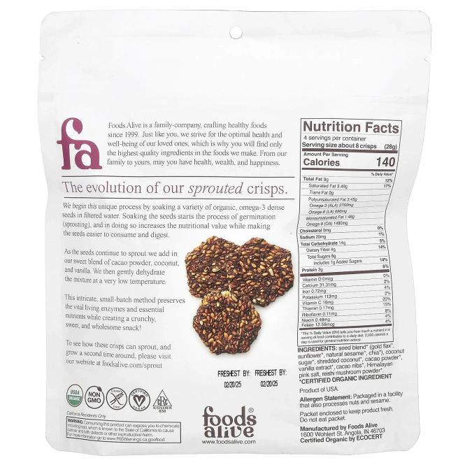 Foods Alive, Чипсы с ростками, кокос, 113 г (4 унции)