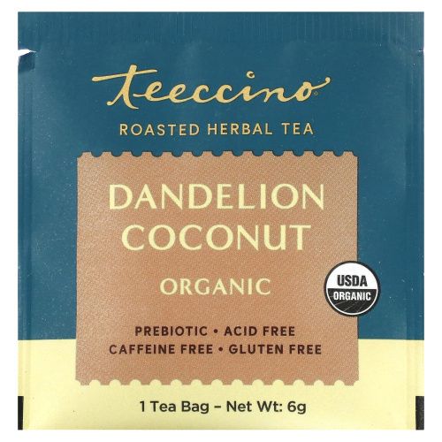 Teeccino, Органический травяной чай с цикорием, со вкусом одуванчика и кокоса, без кофеина, 10 чайных пакетиков, 2,12 унции (60 г)