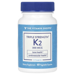 The Vitamin Shoppe, витамин K2, тройная сила, 300 мкг, 60 растительных капсул