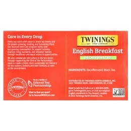 Twinings, English Breakfast, черный чай без кофеина, 50 чайных пакетиков, 100 г (3,53 унции)