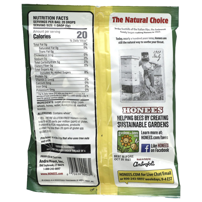 Honees, Средство от кашля с медом, ментолом и эвкалиптом, 20 леденцов от кашля