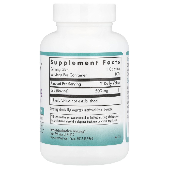Nutricology, Бычья желчь, 500 мг, 100 растительных капсул