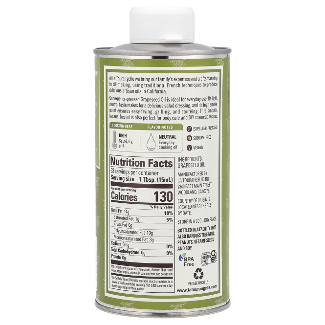 La Tourangelle, масло из виноградных косточек, отжатое шнековым прессом, 500 мл (16,9 жидк. унции)