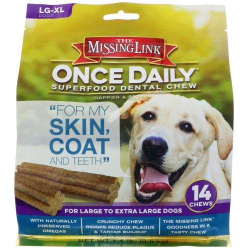 The Missing Link, Once Daily, чудо-пища, жевательный продукт, полезный для зубов, шерсти, кожного покрытия, подходит большим и очень большим собакам, 14 шт. 1,1 фунт (0,5 кг)