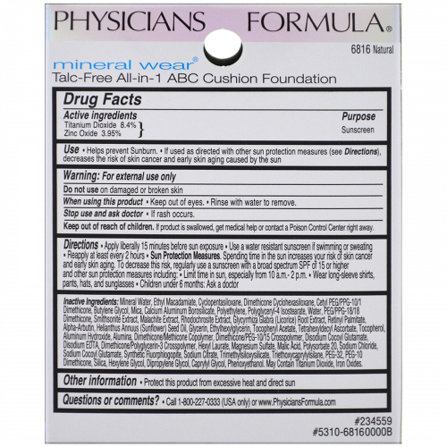 Physicians Formula, Минеральный продукт, основа с подушечкой, широкий спектр SPF 50, натуральный, 0,47 ж. унц. (14 мл)