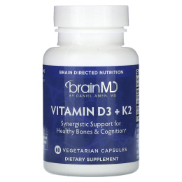 BrainMD, витамины D3 и К2, 60 вегетарианских капсул