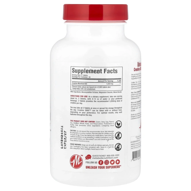 Metabolic Nutrition, Creatine 5000 ™, 90 таблеток (1666 мг в каждой таблетке)