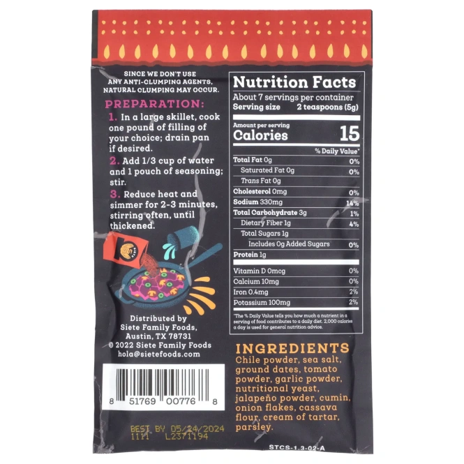 Siete, приправа тако, пряная, 37 г (1,31 унции)