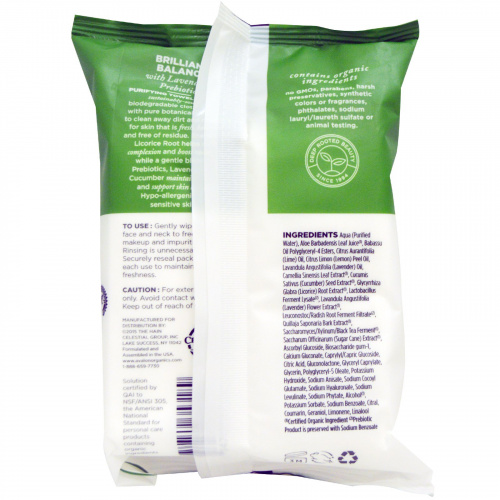 Avalon Organics, Блестящий баланс, очищающие салфетки, лаванда и пребиотики, 30 салфеток для лица