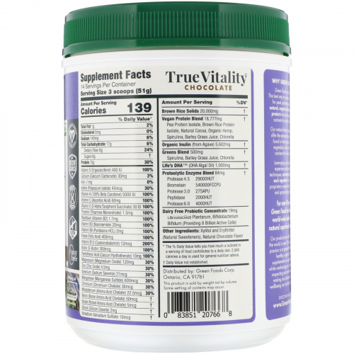 Green Foods Corporation, True Vitality, Растительный протеиновый шейк с DHA, шоколад 25.2 унции (714 г)