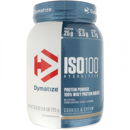 Dymatize Nutrition, ISO 100 Hydrolyzed 100% Whey Protein Isolate, Cookies & Cream, 25.6 oz (725 g)