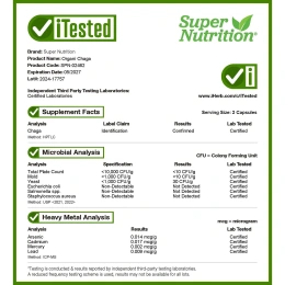 Super Nutrition, органический гриб чага, 1 г, 60 растительных капсул (0,5 г в 1 капсуле)