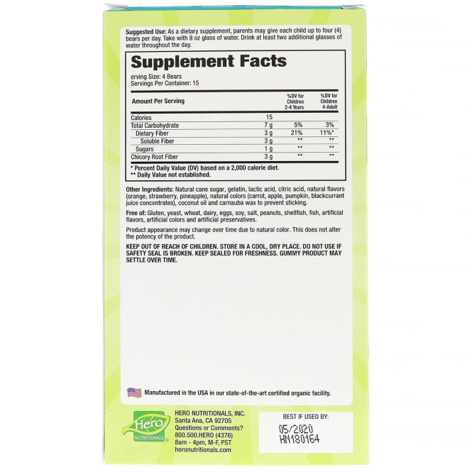 Hero Nutritional Products, Yummi Bears, Fiber, All Natural Fruit Flavors, 60 Gummy Bears