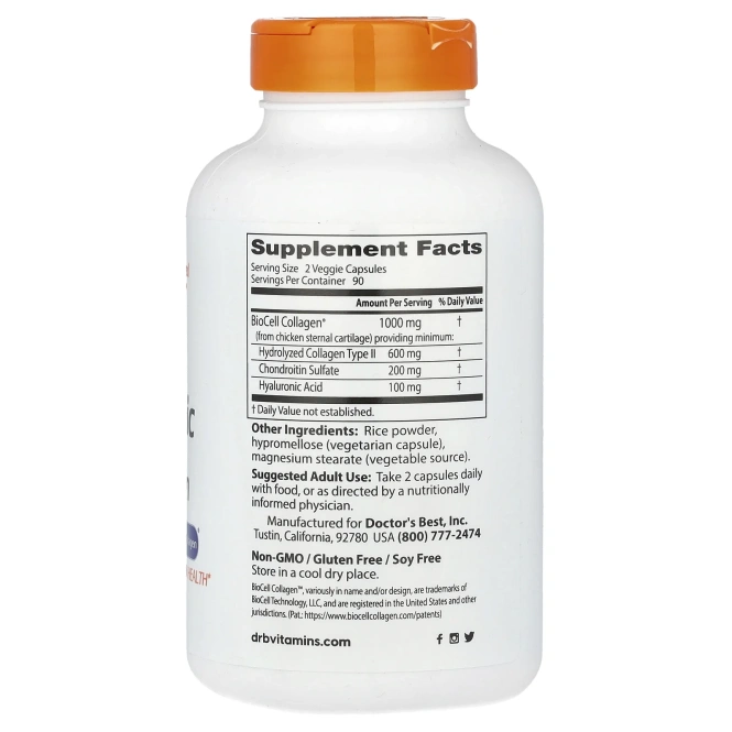 Doctor's Best, гиалуроновая кислота и сульфат хондроитина c составом BioCell Collagen, 180 таблеток