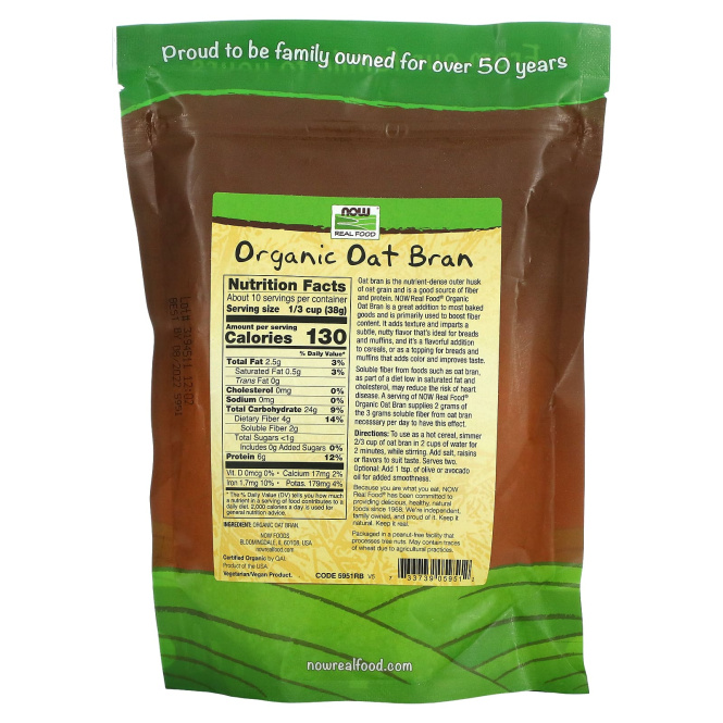 Now Foods, Real Food, Органические овсяные отруби, 14 унций (397 г)