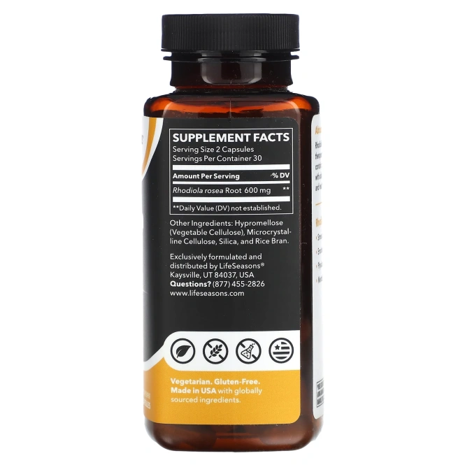 LifeSeasons, корень родиолы, 600 мг, 60 растительных капсул (300 мг в 1 капсуле)
