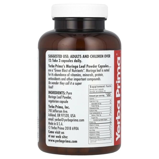 Yerba Prima, Моринга в капсулах, 400 мг, 180 растительных капсул