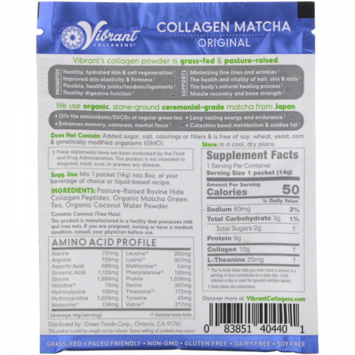 Green Foods Corporation, Vibrant Collagens, Energizing Collagen Matcha, Original, 0.49 oz (14 g)