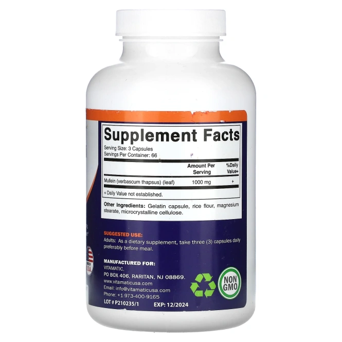 Vitamatic, коровяк, лист, 1000 мг, 200 капсул (333 мг в 1 капсуле)