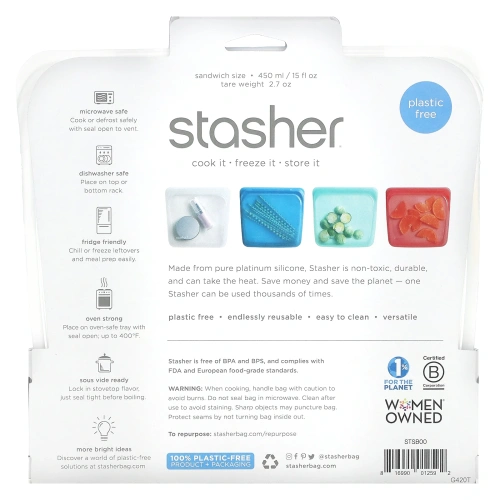 Stasher, Многоразовая силиконовая сумка для пищевых продуктов, среднего размера, прозрачная, 15 ж. унц. (450 мл)