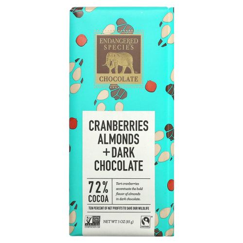 Endangered Species Chocolate, Natural Dark Chocolate with Cranberries & Almonds, 3 oz (85 g)