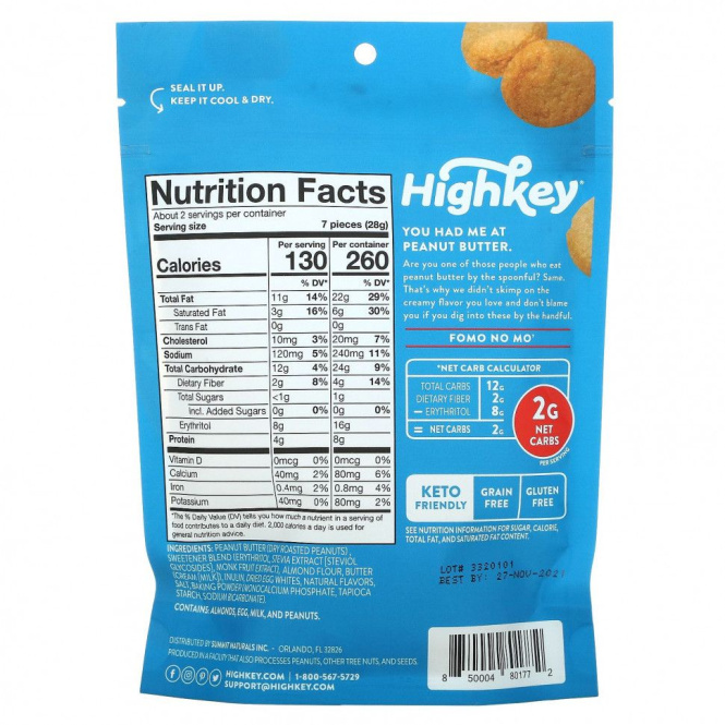 HighKey, Mini Cookies, арахисовая паста, 56,6 г (2 унции)