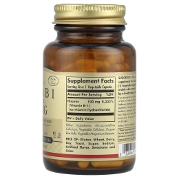 Solgar, Витамин B1, 100 мг, 100 вегетарианских капсул