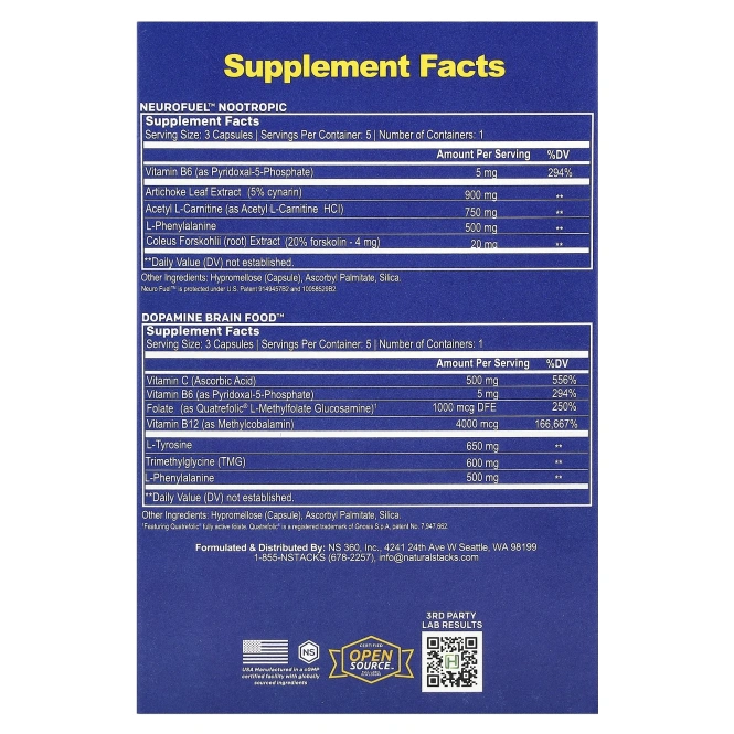 Natural Stacks, Focus Stack, 2 бутылки, 15 вегетарианских капсул в каждой