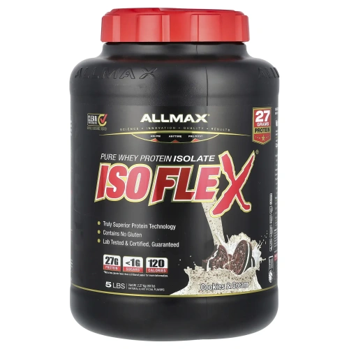 ALLMAX Nutrition, Isoflex, 100%-ный чистый изолят сывороточного белка (ИСБ с фильтрацией частиц заряженными ионами), печенье и сливки, 2,27 кг