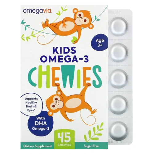 OmegaVia, жевательные таблетки с омега-3 для детей, клубнично-цитрусовый вкус, 45 штук