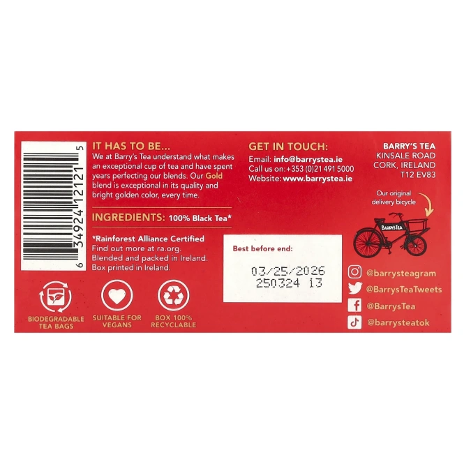 Barry's Tea, Gold Blend, смесь с золотом, 40 чайных пакетиков, 125 г (4,4 унции)