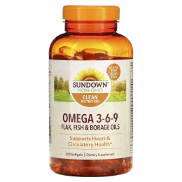 Sundown Naturals, Омега 3-6-9 - льняное масло, рыбий жир и масло бурачника, 200 мягких таблеток