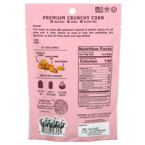 Love Corn, Premium Crunchy Corn, барбекю с копченым вкусом, 45 г (1,6 унции)