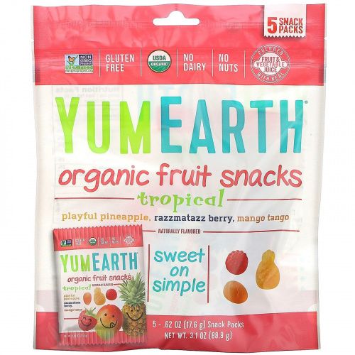 YumEarth, Органические фруктовые снеки, тропические фрукты, 5 упаковок, 17,6 г в каждой