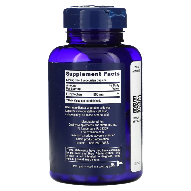 Life Extension, L-триптофан, 500 мг, 90 вегетарианских капсул