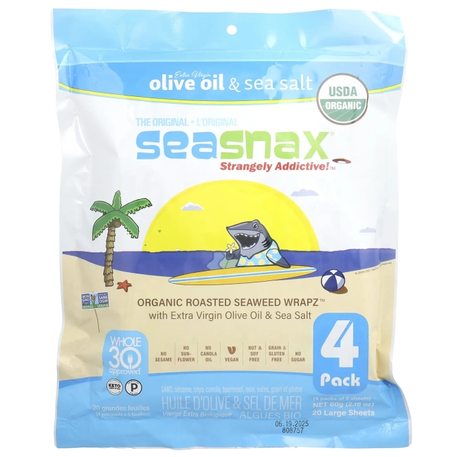SeaSnax, Organic Roasted Seaweed Wrapz ™, оливковое масло и морская соль, 20 больших листов, 60 г (2,16 унции)