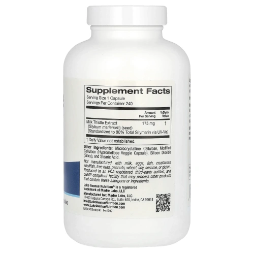 Lake Avenue Nutrition, экстракт расторопши, 175 мг, 240 растительных капсул
