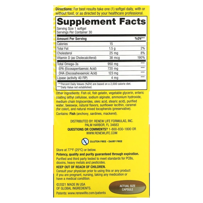 Renew Life, Суперкритическая Омега, апельсиновый вкус, 30 мягких желатиновых капсул с кишечнорастворимым покрытием