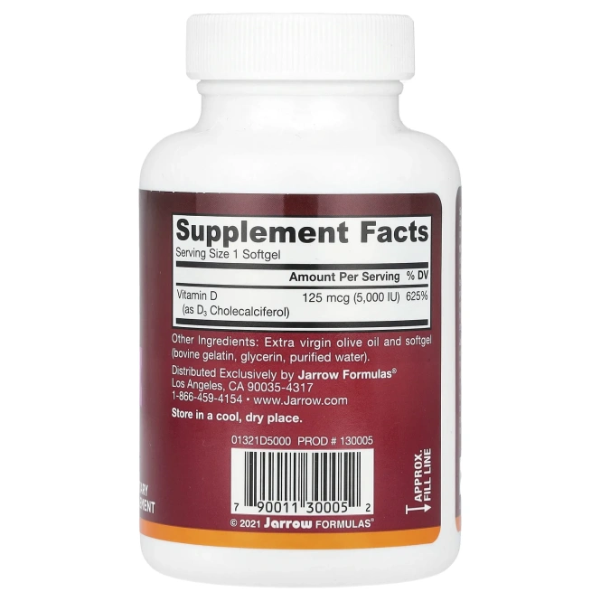 Jarrow Formulas, витамин D3, 125 мкг (5000 МЕ), 100 мягких таблеток
