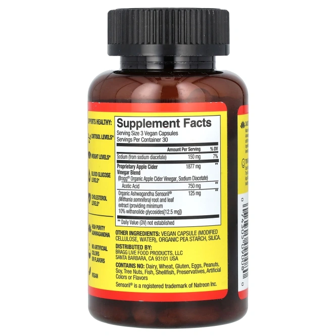 Bragg, Daily Balance, яблочный уксус с ашвагандой, 90 капсул