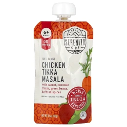 Serenity Kids, тикка масала с курицей, курицей, с морковью, кокосовым кремом, зеленой фасолью, травами и специями, для детей от 6 месяцев, 6 паучей по 99 г (3,5 унции)