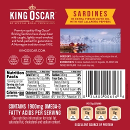 King Oscar, Дикая сардина, в оливковом масле первого отжима с острым перцем халапеньо, острое, двухслойное, 106 г (3,75 унции)